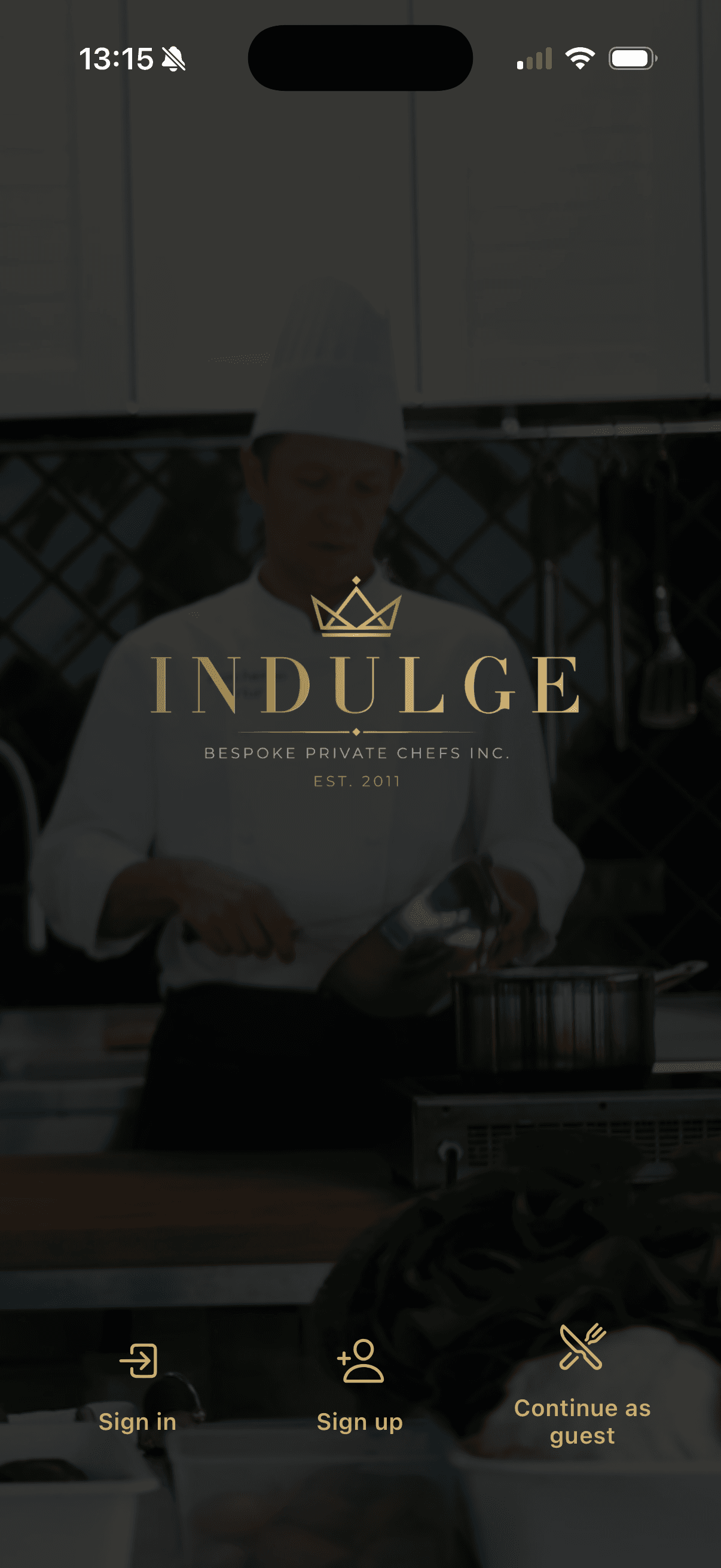 Indulge splash with sign in, sign up, and continue as guest